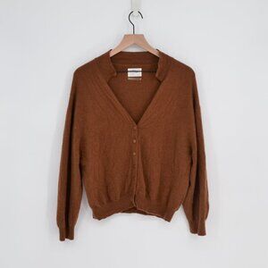 Grey Ven Pure Cashmere Collared V-Neck Cardigan Brown Button Down Sweater Size S